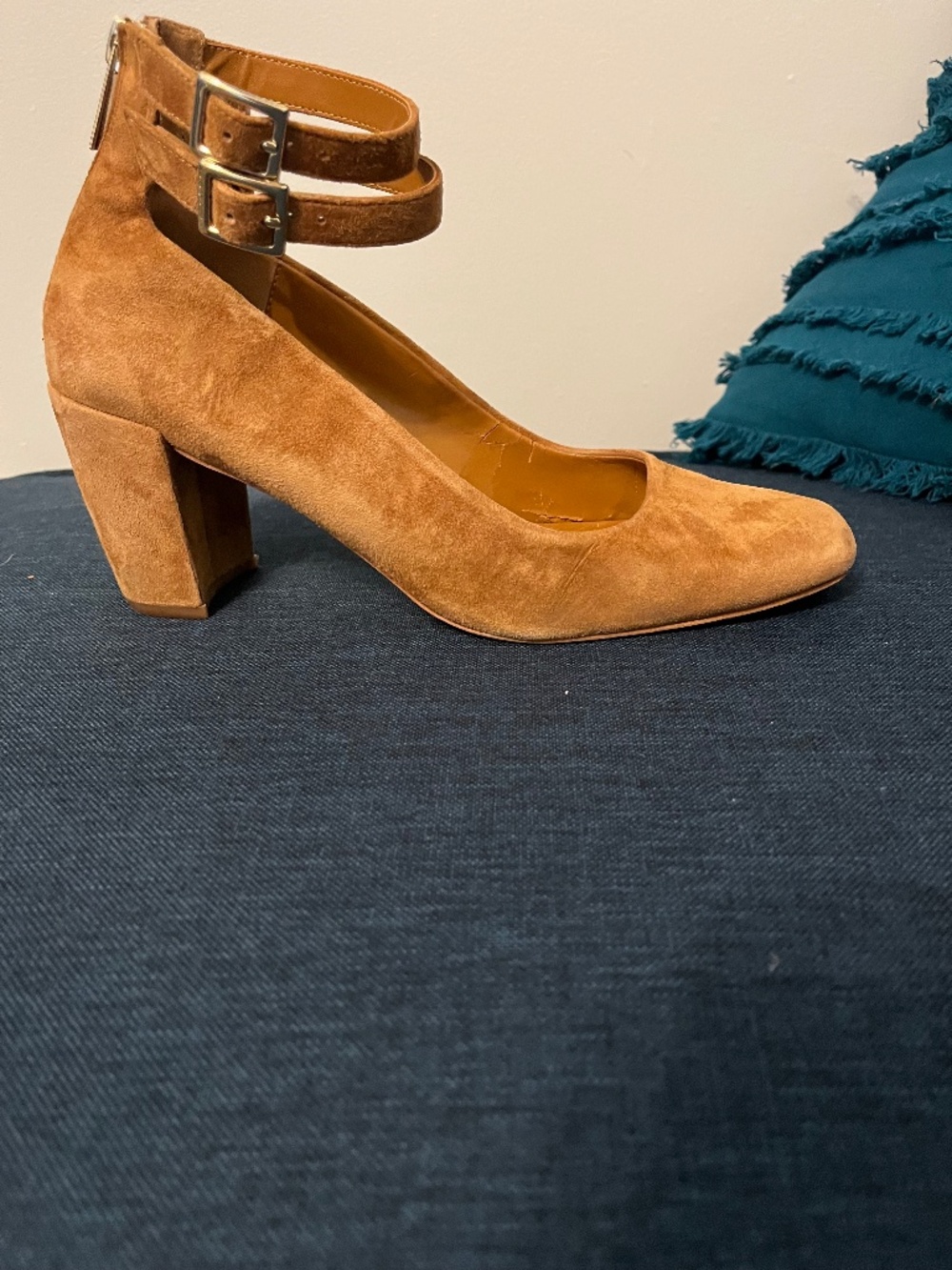 Halston Heritage Regina Suede Ankle Strap Pumps Sz 8.5 Camel Block Heel